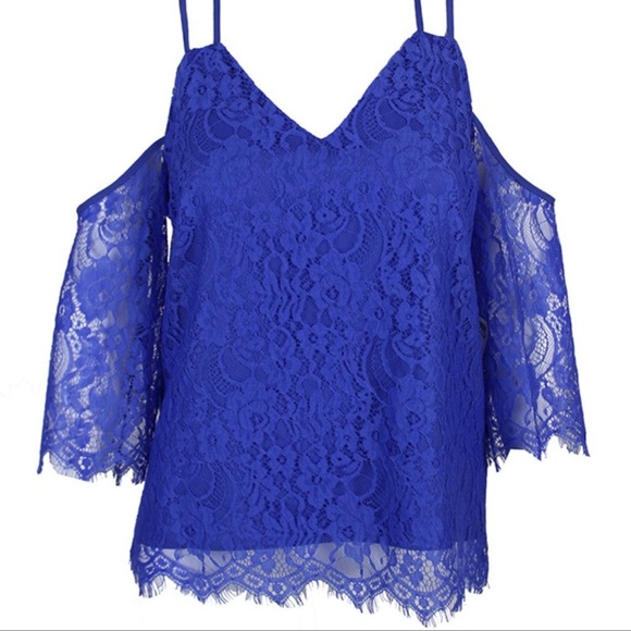 NWT - Bar III Strappy Lace Off-The-Shoulder Cobalt Glaze, Size L - Picture 2 of 2